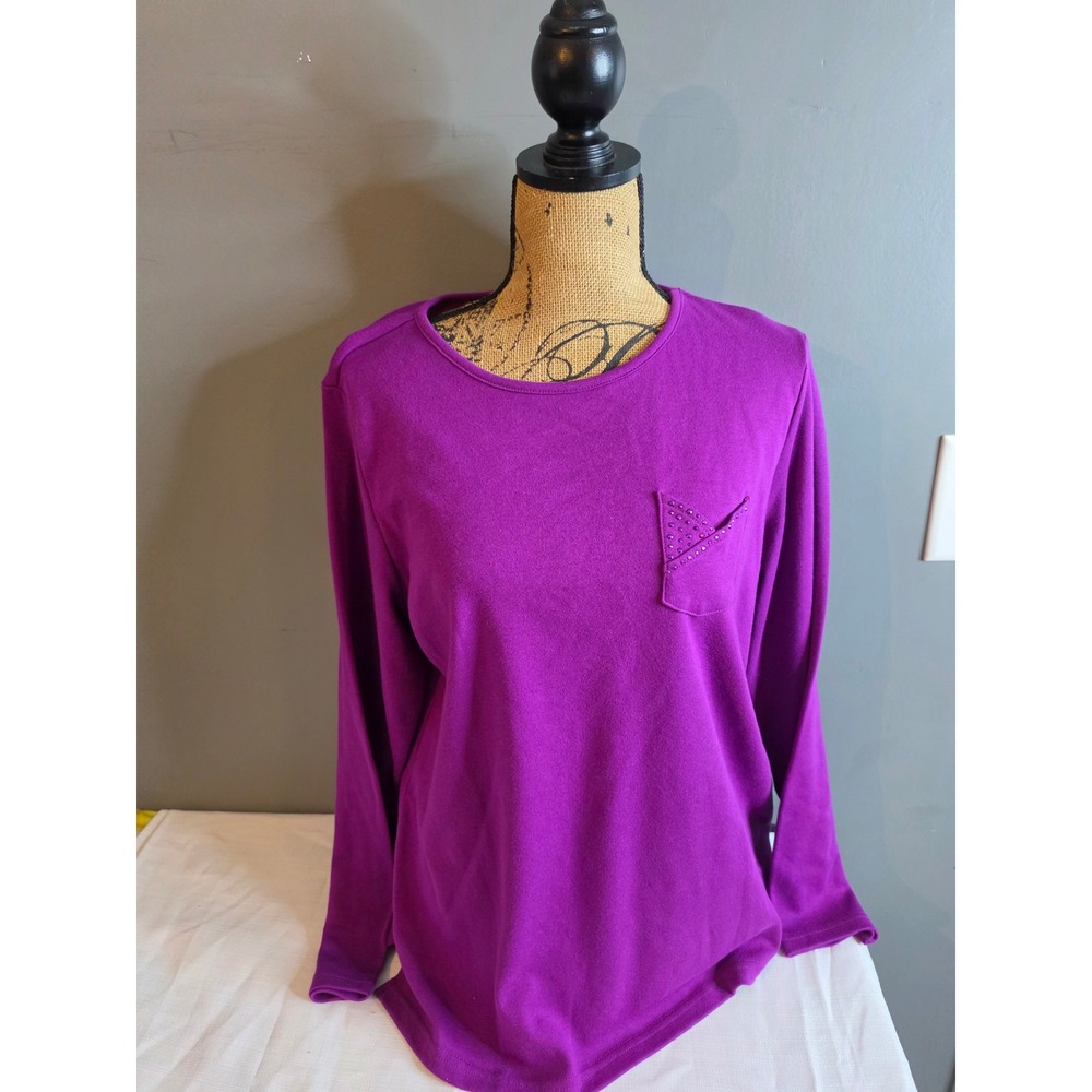 Quacker Factory Purple Long Sleeve Rhinestone Pocket Top Size L